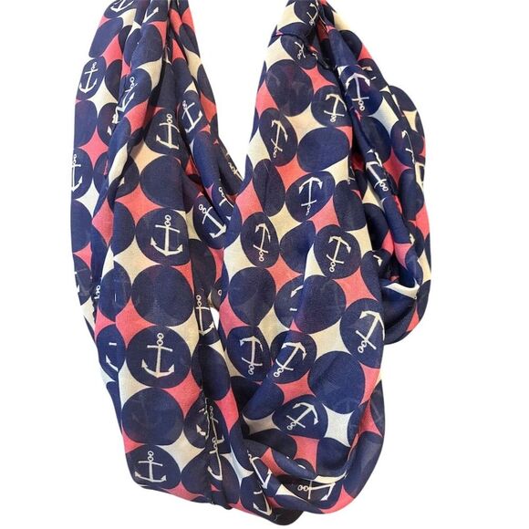 Nautical Infinity Scarf Anchor Pattern Blue Red White Unisex - Picture 2 of 3